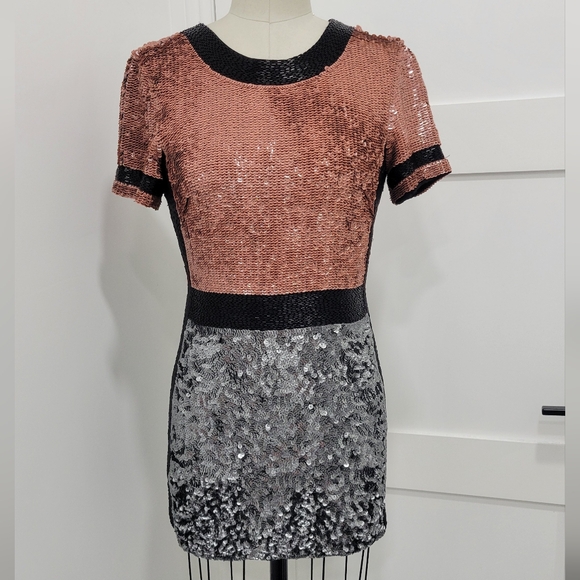 French Connection T-Shelly Sequin Color Block Cocktail Dress Size 0 - Picture 2 of 11